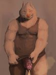  anthro balls belly blush boar bottomless brown_background brown_fur canine chubby clothed clothing cock_transformation dog erection fur hair_tuft half-dressed holding_penis humanoid_penis kemono looking_down male mammal moobs muscles nipple_bulge open_mouth peeing penis plain_background porcine sansh shirt solo standing tank_top tears teeth tongue tusks urine vein veiny_penis 