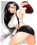  :o armpits ass black_hair blush breasts clenched_hand covered_nipples earrings final_fantasy final_fantasy_vii flat_ass gloves jewelry large_breasts long_hair looking_at_viewer low-tied_long_hair midriff onsoku_maru open_mouth red_eyes skirt solo suspender_skirt suspenders thighs tifa_lockhart twisted_torso 