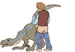  animal_genitalia anthro anthro_on_feral bestiality blue_(jurassic_world) cloaca dinosaur female feral from_behind human interspecies jurassic_world male mammal open_mouth raptor scalie sex tongue tongue_out 