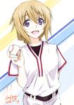  baseball baseball_uniform blonde_hair braid charlotte_dunois highres infinite_stratos kem_kem long_hair purple_eyes solo sportswear standing 