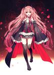  bare_shoulders black_footwear black_legwear boots breasts cleavage detached_sleeves dress highres krul_tepes long_hair owari_no_seraph pink_hair pointy_ears red_eyes small_breasts smile solo srb7606 thigh_boots thighhighs vampire very_long_hair 