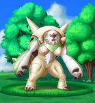  absurd_res anthro big_breasts breasts chesnaught claws female grass hi_res muscles muscular_female nintendo ole open_mouth outside pok&eacute;mon pussy solo thick_thighs video_games wide_hips 