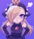  1girl aomie blonde_hair bracelet collarbone crown eyes_visible_through_hair hair_over_one_eye hands_on_own_hips jewelry looking_at_viewer mario_(series) mario_power_tennis mario_tennis pout purple_background purple_eyes purple_theme source_request spiked_bracelet spikes twitter_username v-shaped_eyebrows warupeach 