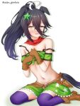  1girl ahoge animal_ears armband bandana bandeau black_hair blush boots brown_boots brown_gloves cosplay embarrassed gloves green_armband green_bandeau green_skirt gun hair_between_eyes hair_ornament highres holster horse_ears horse_girl horse_tail long_hair long_hair_between_eyes manhattan_cafe_(umamusume) navel ponytail purple_thighhighs red_bandana revolver skirt solo star_(symbol) star_hair_ornament star_print taiki_shuttle_(umamusume) taiki_shuttle_(umamusume)_(cosplay) tail thighhighs twitter_username umamusume weapon white_background yellow_eyes yuusen_(aenka) 