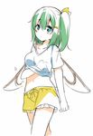  alternate_costume blue_eyes blush bow colorized daiyousei fairy_wings fujishiro_emyu green_hair hair_bow hair_ornament hairclip hand_under_clothes hand_under_shirt midriff navel scratching shirt short_hair short_sleeves shorts side_ponytail simple_background sketch solo t-shirt touhou white_background wings 