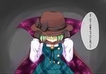  ajia_(otya3039) cosplay green_hair hat komeiji_koishi shaded_face shirt short_hair skirt smile touhou translated usami_sumireko usami_sumireko_(cosplay) vest 