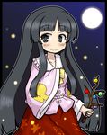  black_eyes black_hair branch eruru_(erl) full_moon highres hime_cut houraisan_kaguya jeweled_branch_of_hourai long_hair moon shirt skirt smile solo touhou 