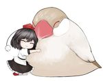  animal bad_id bad_twitter_id bird black_hair blush_stickers chibi closed_eyes frilled_skirt frills full_body hat hug kneeling minigirl nishi_masakazu pom_pom_(clothes) puffy_short_sleeves puffy_sleeves shameimaru_aya shirt shoes short_hair short_sleeves simple_background skirt smile socks string tokin_hat touhou white_background 