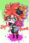  amanatsu_(ama_natu) anemo_(splatoon) animal animal_print black-framed_eyewear blue_eyes clownfish copyright_name feather_duster fish glasses hair_ornament headphones headphones_around_neck holding hood hoodie kumano_(splatoon) orange_legwear pantyhose red_hair red_pupils short_hair skull solo splatoon_(series) splatoon_1 squid star star_hair_ornament tentacle_hair 