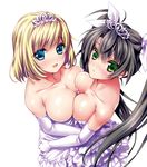  bad_id bad_pixiv_id black_hair blonde_hair blue_eyes blush breast_press breasts cleavage collarbone dress elbow_gloves gloves green_eyes hair_ribbon kinosaki_yuki large_breasts long_hair looking_at_viewer multiple_girls open_mouth ribbon short_hair simple_background smile symmetrical_docking tiara wedding_dress white_background white_gloves 