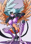  1girl armor bikini_armor bra breasts digimon face_mask facial_mark female gauntlets head_wings larg_breasts large_breasts mask monster_girl panties pink_legwear scarf short_hair shoulder_pads shutumon simple_background solo talons thighhighs thighs underwear wings 