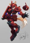 1girl armor biometal blue_eyes character_request commission grey_background gundam helmet highres holding holding_shield mega_man_(series) mega_man_zx red_armor red_helmet shield simple_background solo_focus ultimatemaverickx zaku_ii_s_char_custom 