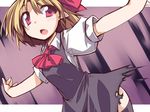  :o black_legwear blonde_hair collared_shirt dress fang hemogurobin_a1c open_mouth outstretched_arms pointy_ears rumia shirt short_hair solo thighhighs torn_clothes torn_dress touhou 
