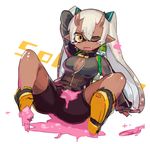  arm_behind_head arm_support arm_up bike_shorts breasts center_opening cleavage copyright_name dark_skin fang horns inkling katsudansou large_breasts long_hair long_sleeves mask monster_girl one_eye_closed open_mouth orange_eyes original ouhana paint pointy_ears sitting sleeves_past_wrists solo splatoon_(series) splatoon_1 spread_legs tears tentacle_hair twintails wavy_mouth white_hair 