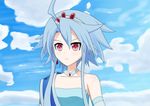  blanc blue_hair choker cloud crown day earrings highres jewelry long_hair mimelex neptune_(series) red_eyes sky white_heart 