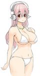  bikini blush breasts cleavage headphones large_breasts long_hair looking_at_viewer navel nitroplus pink_hair red_eyes smile solo super_sonico swimsuit tsuji_santa 