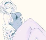  1girl bare_shoulders between_breasts breasts covered_navel djeeta_(granblue_fantasy) doctor_(granblue_fantasy) erect_nipples granblue_fantasy hairband koza_game labcoat legs_crossed monochrome pantyhose shirt short_hair simple_background sleeveless sleeveless_shirt solo white_background 