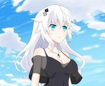  black_heart blue_eyes cloud day dress hair_ornament hairclip highres jewelry mimelex neptune_(series) pendant sky smile symbol-shaped_pupils white_hair 