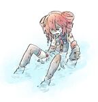  1girl arm_tattoo bare_shoulders black_shirt black_thighhighs detached_sleeves hato_no_mune_wo_momitai kasane_teto kasane_teto_(utau) knees_up looking_down partially_submerged red_eyes red_hair shaded_face shirt short_hair sitting sleeveless sleeveless_shirt solo tattoo thighhighs utau water wet white_background wilted_ahoge 