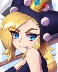  1girl absurdres axe bare_shoulders blonde_hair blue_eyes crown highres locomixt1 looking_at_viewer mario_(series) mario_power_tennis mario_tennis signature solo tongue tongue_out upper_body warupeach 