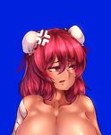  anger_vein bandaged_arm bandages blue_background blush breasts collarbone double_bun error ibaraki_kasen large_breasts long_hair looking_to_the_side nude open_mouth out-of-frame_censoring pink_eyes pink_hair sekiyu_(spartan) shiny shiny_skin simple_background solo touhou upper_body 