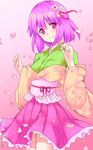  cherry_blossoms flower hair_flower hair_ornament hazuki_kyou hieda_no_akyuu highres japanese_clothes kimono petals purple_eyes purple_hair sash solo touhou 