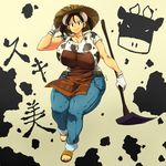  adze animal_print apron belt black_hair breasts brown_eyes commentary_request cow_girl cow_print curvy denim full_body gigantic_breasts gloves hand_on_headwear hat hataraki_ari hoe horns jeans looking_at_viewer original pants print_shirt sandals shirt short_sleeves signature smile solo straw_hat sukimi thick_thighs thighs translation_request twintails white_gloves wide_hips 