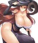  bare_shoulders breasts brown_hair cleavage detached_sleeves dragon's_crown haganef hat huge_breasts long_hair looking_at_viewer low_neckline open_mouth red_eyes solo sorceress_(dragon's_crown) staff thighs witch_hat 