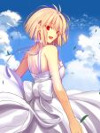  1girl antenna_hair arcueid_brunestud bare_shoulders blonde_hair cowboy_shot dress from_behind highres iro_(sekaixiro) looking_at_viewer looking_back red_eyes short_hair solo tsukihime white_dress 