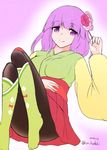  black_legwear bow hair_bow hazuki_kyou hieda_no_akyuu japanese_clothes kimono pantyhose purple_eyes purple_hair sketch solo touhou 