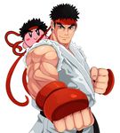  &gt;:&gt; 2boys :&gt; black_hair cosplay crossover dougi eric_lowery eyebrows headband highres kirby kirby_(series) multiple_boys ryuu_(street_fighter) ryuu_(street_fighter)_(cosplay) simple_background smile street_fighter super_smash_bros. thick_eyebrows 