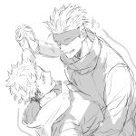  11mtri 2boys arm_up blindfold collared_jacket commentary_request covered_eyes facial_mark gojou_satoru greyscale grin holding holding_hands itadori_yuuji jacket jujutsu_kaisen jujutsu_tech_uniform looking_at_another male_focus monochrome multicolored_hair multiple_boys popped_collar short_hair simple_background sketch smile teeth two-tone_hair white_background 