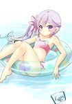  afloat akebono_(kantai_collection) bikini chize flat_chest flower hair_flower hair_ornament innertube kantai_collection long_hair pink_bikini purple_eyes purple_hair side_ponytail solo swimsuit 