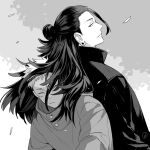  11mtri 2boys back-to-back buttons closed_eyes collared_jacket commentary_request earrings facial_mark falling_leaves getou_suguru greyscale itadori_yuuji jacket jewelry jujutsu_kaisen leaf long_hair looking_back male_focus monochrome multiple_boys piercing popped_collar short_hair single_bang upper_body 