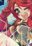  blue_eyes cowboy_western freckles gloves hand_up jacket kannah looking_at_viewer one_eye_closed open_mouth orange_jacket red_gloves red_hair sakura_taisen sakura_taisen_v salute sidelocks star_(symbol) sword two-finger_salute weapon yellow_jacket 