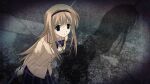 1girl :o artist_request blazer blonde_hair bow bowtie breasts brown_hair brown_jacket chaos;head check_artist collared_shirt d-sword dress_shirt from_above game_cg highres holding holding_behind_back jacket lapels leaning_forward long_sidelocks looking_to_the_side miniskirt nishijou_nanami notched_lapels official_art official_wallpaper plaid_bow plaid_bowtie plaid_clothes plaid_skirt pleated_skirt purple_bow purple_bowtie purple_eyes purple_skirt red_trim sasaki_mutsumi school_emblem school_uniform science_adventure shadow shirt sidelocks skirt small_breasts solo suimei_academy_school_uniform white_shirt 