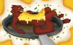 anthro blue_eyes canid canine cheese chest_tuft claws dairy_products evil_grin food fox foximellian_montanna fur furrymammy grin hi_res mammal pan red_body red_fur smile solo teeth tuft
