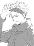  11mtri 1boy arm_up blindfold blindfold_lift closed_mouth collared_jacket commentary_request eyelashes gojou_satoru greyscale jacket jujutsu_kaisen male_focus monochrome popped_collar short_hair short_sideburns simple_background sketch solo upper_body white_background 