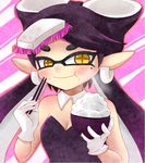  1girl aori_(splatoon) beauty_mark black_hair blush breasts chopsticks cleavage domino_mask earrings eating female food jewelry long_hair mask nintendo pointy_ears rice smile solo splatoon striped_background symbol-shaped_pupils symbol_shaped_pupils tentacle_hair yellow_eyes 