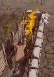  2boys absurdres bag barbed_wire bare_tree bex_border burning coat colored_skin combat_helmet english_commentary fire gas_mask grass grey_skin gun helmet highres magic mask multiple_boys original pyrokinesis tree trench trench_coat war weapon world_war_i 