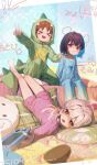  &gt;_&lt; 3girls absurdres ahoge ap04astral blonde_hair blue_hair blue_pajamas brown_hair closed_eyes colored_inner_hair dinosaur_costume dinosaur_hood dinosaur_tail drawn_ears fang full_body hand_on_another&#039;s_shoulder handheld_game_console highres holding holding_handheld_game_console hood hood_up hozuki_momiji long_hair lying medium_hair multicolored_hair multiple_girls no_shoes oka_asahi on_back on_bed onesie onii-chan_wa_oshimai! open_mouth orange_eyes oyama_mahiro pajamas pink_pajamas red_eyes sitting skin_fang smile socks tail two-tone_hair w white_socks 