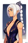  1girl artist_name baldur&#039;s_gate baldur&#039;s_gate_3 braid breasts cleavage closed_mouth dungeons_&amp;_dragons elf green_eyes hair_ornament highres lips long_hair medium_breasts pointy_ears scar scar_on_face scar_on_nose shadowheart_(baldur&#039;s_gate) smgold solo white_hair 