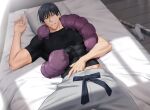  1boy abs bara bchlmnr black_hair black_shirt commission covered_abs cursed_spirit_(jujutsu_kaisen) english_commentary fushiguro_touji hair_between_eyes hand_in_pants highres inventory_curse_(jujutsu_kaisen) jujutsu_kaisen looking_at_viewer lying male_focus muscular muscular_male on_back on_bed pants scar scar_on_face scar_on_mouth shirt short_hair solo white_pants 