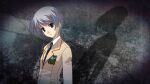  1girl artist_request blazer blue_hair brown_jacket chaos;head check_artist collared_shirt dress_shirt from_above game_cg highres jacket kishimoto_ayase lapels looking_at_viewer necktie notched_lapels official_art official_wallpaper open_mouth plaid_clothes plaid_necktie red_trim sasaki_mutsumi school_emblem school_uniform science_adventure shadow shirt short_hair solo suimei_academy_school_uniform white_shirt 