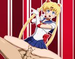  1boy 1girl \m/ ahegao bishoujo_senshi_sailor_moon blonde_hair blue_eyes blush censored choker circle_anco clothed_female_nude_male clothed_sex cum cum_in_pussy drooling dutch_angle earrings girl_on_top gloves happy_sex jewelry long_hair male_pubic_hair moaning no_panties open_mouth penis pleated_skirt pointless_censoring pussy reverse_cowgirl_position sailor_collar sailor_moon saliva sex skirt skirt_lift smile spread_legs straddling striped_background thighs tiara tsuki_ni_kawatte_oshioki_yo tsukino_usagi twintails vaginal veiny_penis white_gloves 
