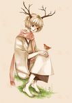  antlers barefoot bird bird_on_hand blonde_hair clona commentary_request folded_leg full_body grass japanese_clothes kimono looking_at_another male_focus original pale_color parted_lips scarf simple_background sitting solo tree wide_sleeves 