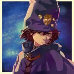  1girl belt_collar blue_background boogiepop boogiepop_(character) border brown_eyes brown_hair cape closed_mouth collar commentary_request expressionless hair_between_eyes hat looking_at_viewer nakama_yasukata purple_cape purple_hat short_hair signature solo white_border 