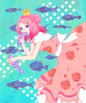  aqua_background arakawa_under_the_bridge blue_eyes bow braid clona colorful commentary_request crown dress eating fish flower flower_ornament frilled_dress frills hair_bun hair_ornament heart nino_(arakawa) pink_dress pink_hair polka_dot rose short_sleeves solo star star-shaped_pupils star_hair_ornament surreal symbol-shaped_pupils 