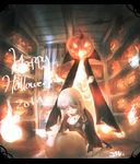  black_cape black_dress braid cape closed_eyes dated dress grey_hair halloween jack-o'-lantern long_hair long_sleeves looking_down original pumpkin shirt side_braid signature sitting text_focus teyuruun wariza white_hair 