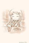  bottle chibi closed_eyes food glasses highres holding holding_bottle kantai_collection long_hair mae_(maesanpicture) monochrome plate samidare_(kantai_collection) sketch solo twitter_username 